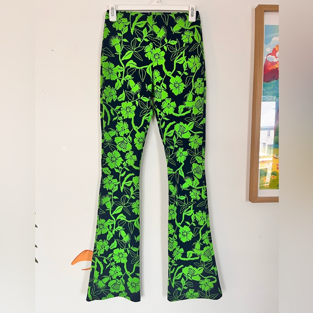 Zara Green and Navy Blue Floral Women's Flare Stretchy pants